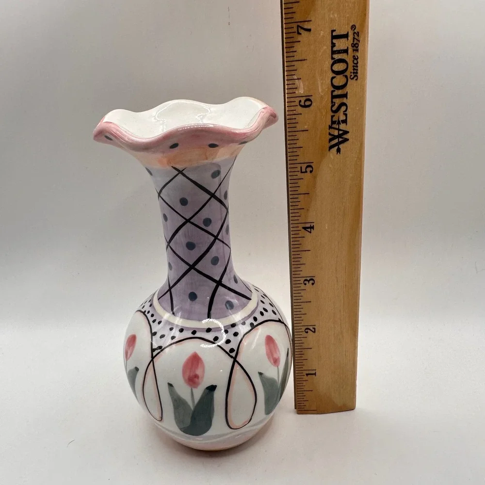 Laura Ashley Collection Cardinal Handpainted Ceramic Vase Pink Tulip Ruffled 6